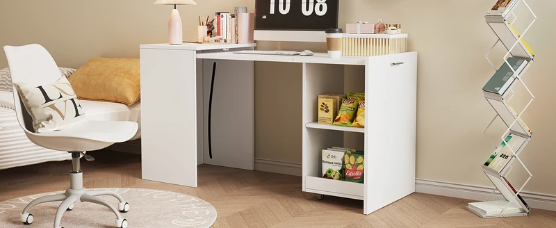 Bureau blanc retractable avec rangement et roulettes MOMENTUMNEXX