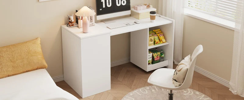 Bureau blanc retractable avec rangement et roulettes MOMENTUMNEXX