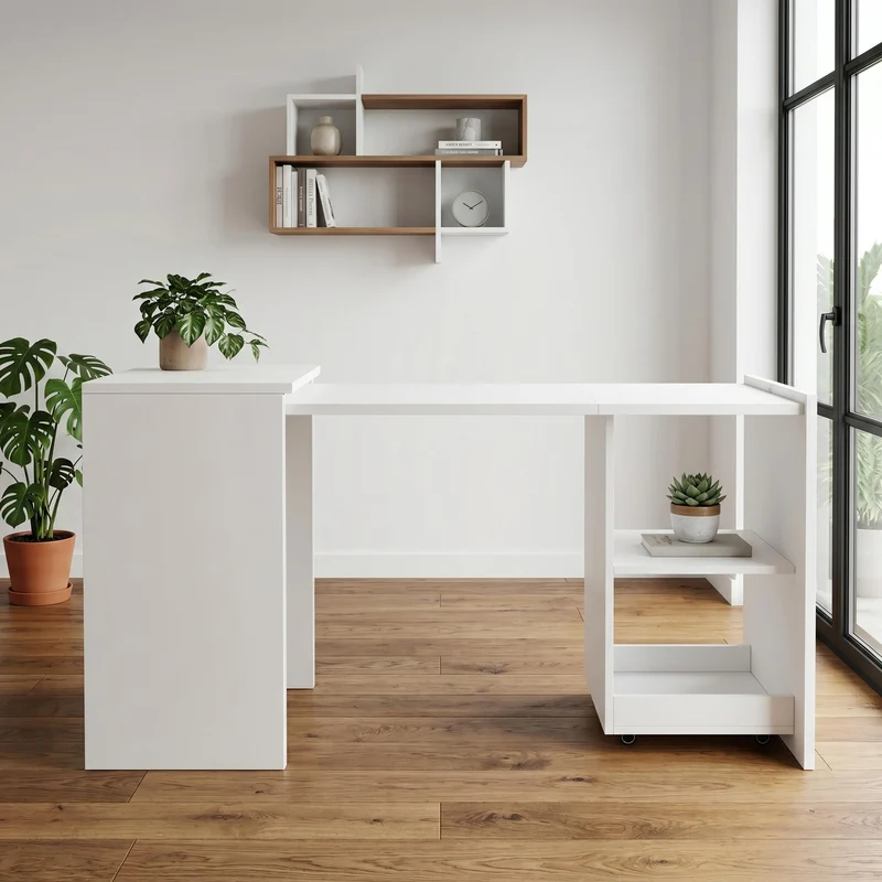 Bureau blanc retractable avec rangement et roulettes MOMENTUMNEXX