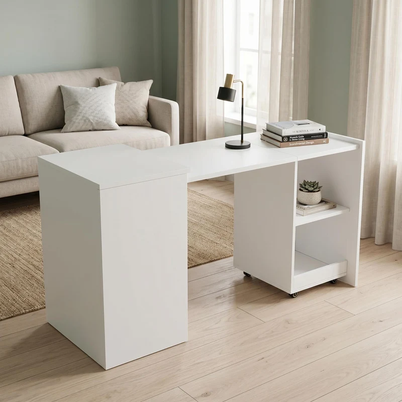 Bureau blanc retractable avec rangement et roulettes MOMENTUMNEXX