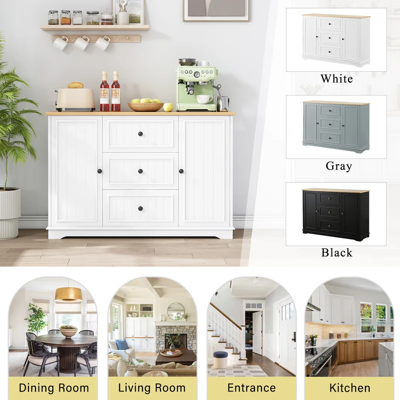 Buffet charme blanc 3 tiroirs et 2 portes 126x40x86 cm CASCADEMERIDIA