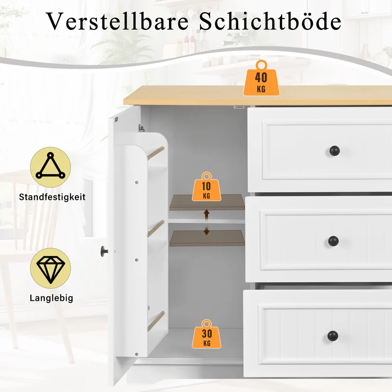 Buffet charme blanc 3 tiroirs et 2 portes 126x40x86 cm CASCADEMERIDIA