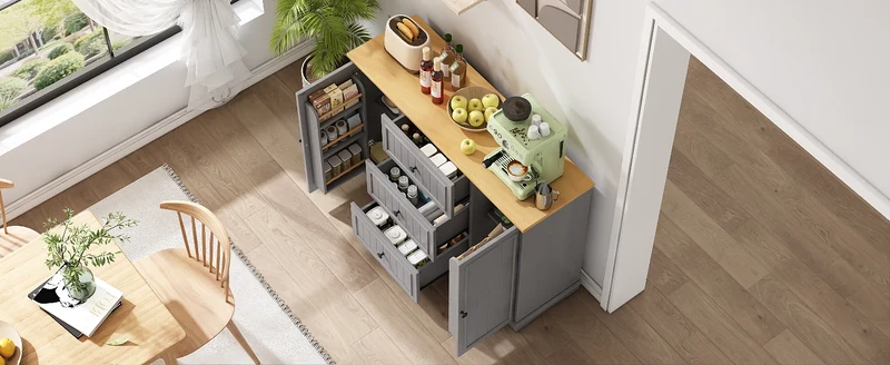Buffet charme gris 3 tiroirs et 2 portes 126x40x86 cm CASCADEQUAZX