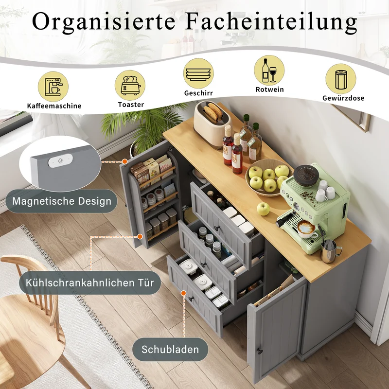 Buffet charme gris 3 tiroirs et 2 portes 126x40x86 cm CASCADEQUAZX