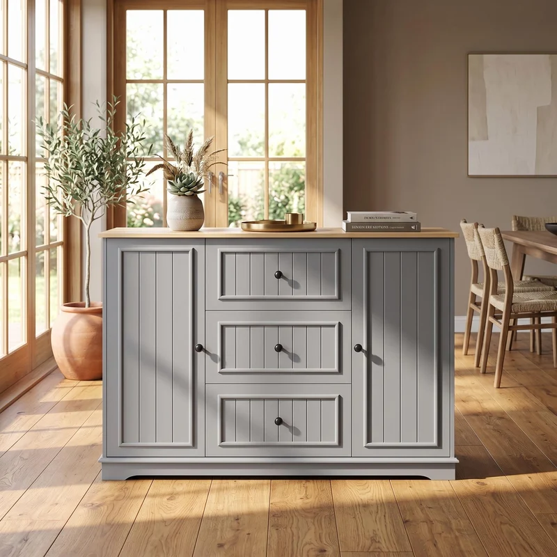 Buffet charme gris 3 tiroirs et 2 portes 126x40x86 cm CASCADEQUAZX