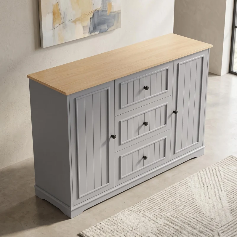 Buffet charme gris 3 tiroirs et 2 portes 126x40x86 cm CASCADEQUAZX