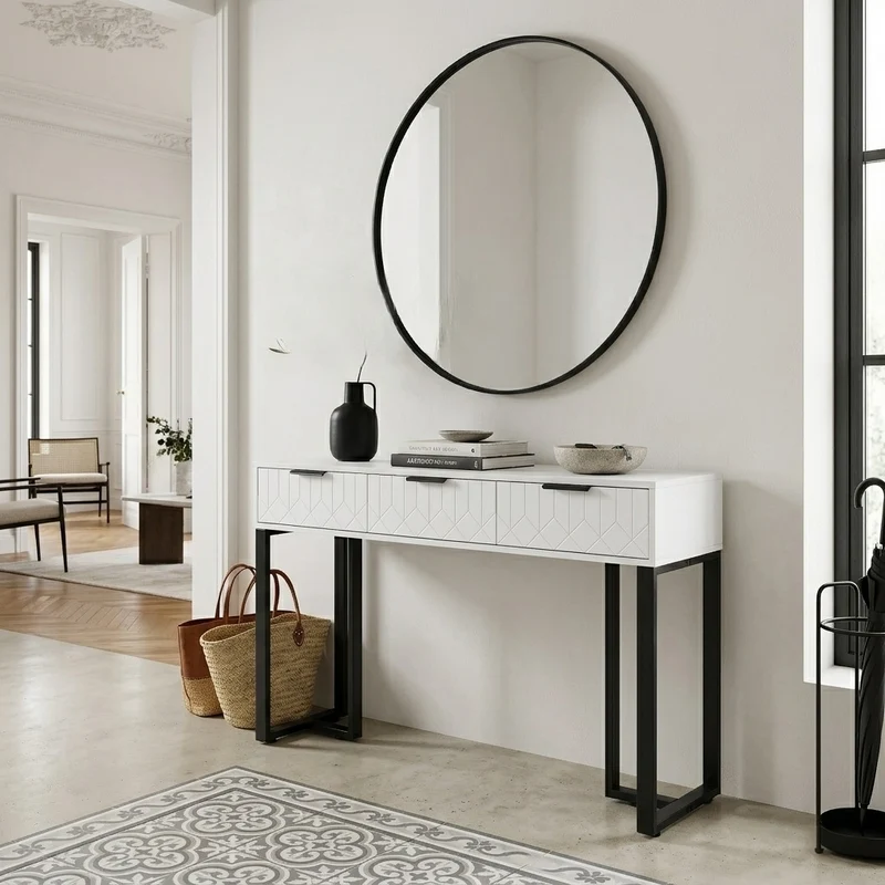 Console design noir et blanc motifs gémétriques et piétement metalique 120x36x80cm MOMENTUMRIF