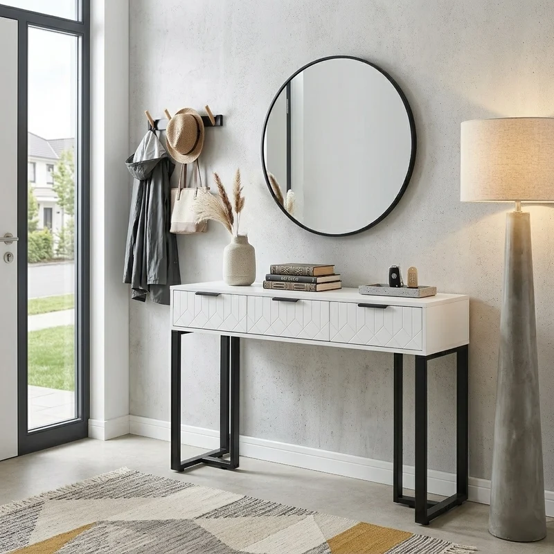 Console design noir et blanc motifs gémétriques et piétement metalique 120x36x80cm MOMENTUMRIF