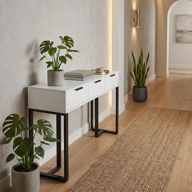 Console design noir et blanc motifs gémétriques et piétement metalique 120x36x80cm MOMENTUMRIF