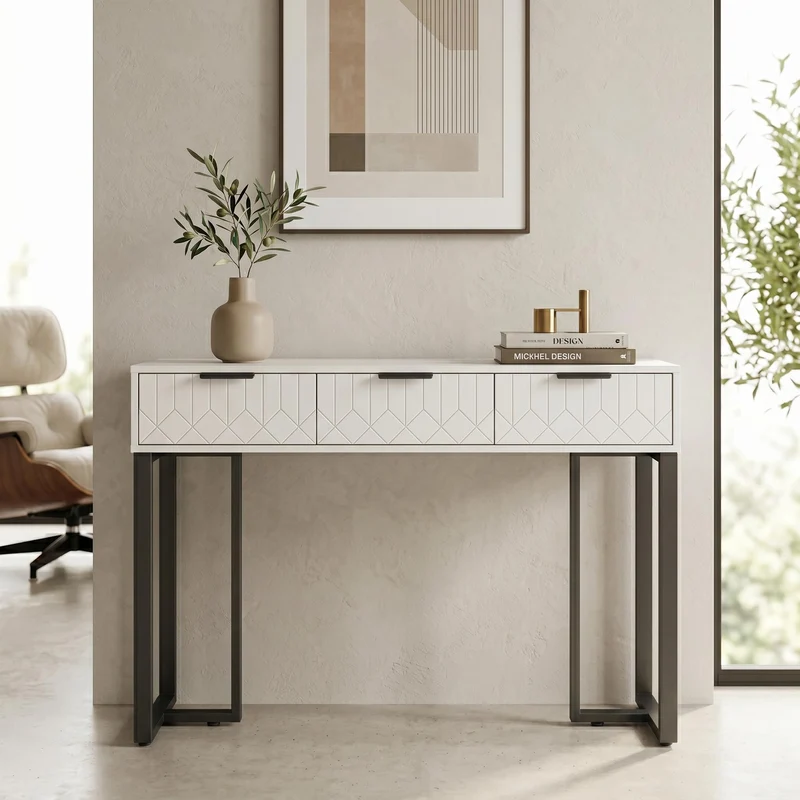 Console design noir et blanc motifs gémétriques et piétement metalique 120x36x80cm MOMENTUMRIF