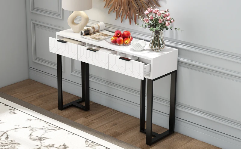 Console design noir et blanc motifs gémétriques et piétement metalique 120x36x80cm MOMENTUMRIF