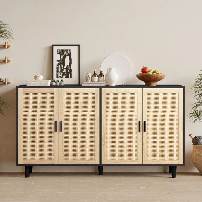 Buffet noir avec 4 portes en cannage de rotin et design scandinave MOMENTUMCASCADEE