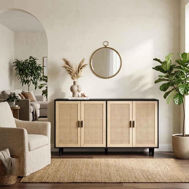 Buffet noir avec 4 portes en cannage de rotin et design scandinave MOMENTUMCASCADEE