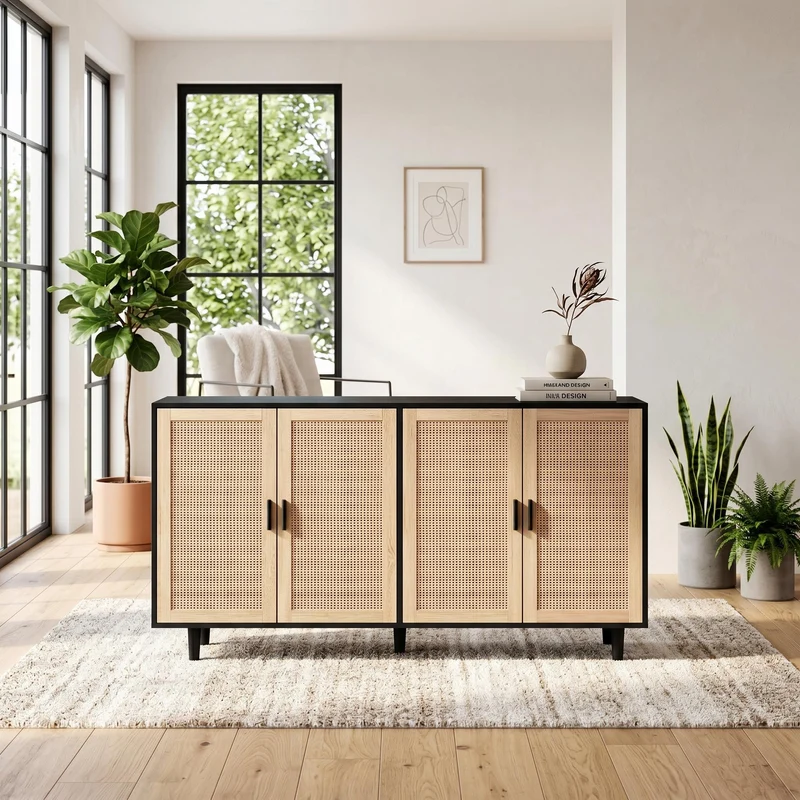 Buffet noir avec 4 portes en cannage de rotin et design scandinave MOMENTUMCASCADEE