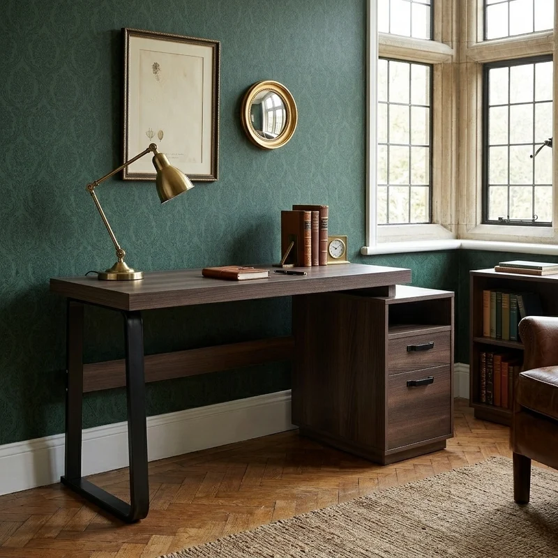 Bureau style industriel effet bois noyer 2 tiroirs 161×54×76.4cm MOMENTUMRIFTA