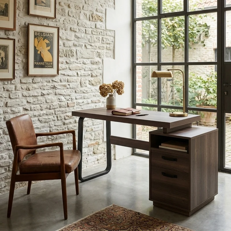 Bureau style industriel effet bois noyer 2 tiroirs 161×54×76.4cm MOMENTUMRIFTA