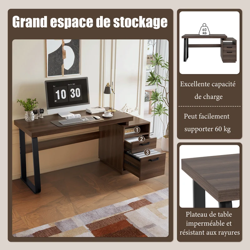 Bureau style industriel effet bois noyer 2 tiroirs 161×54×76.4cm MOMENTUMRIFTA