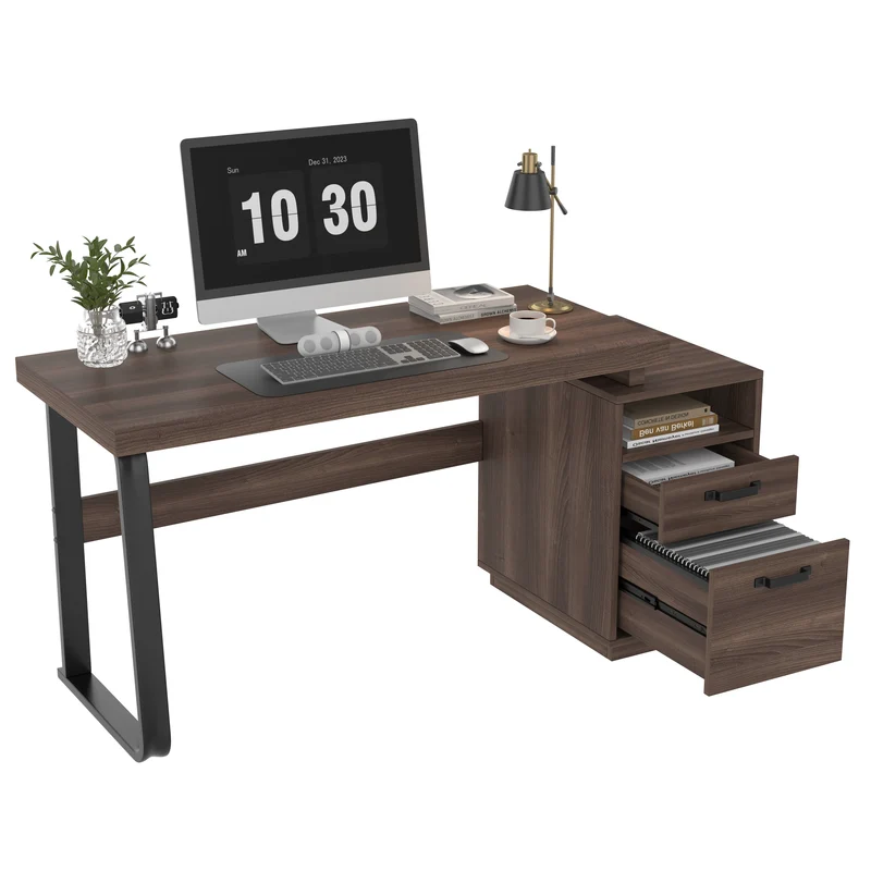 Bureau style industriel effet bois noyer 2 tiroirs 161×54×76.4cm MOMENTUMRIFTA