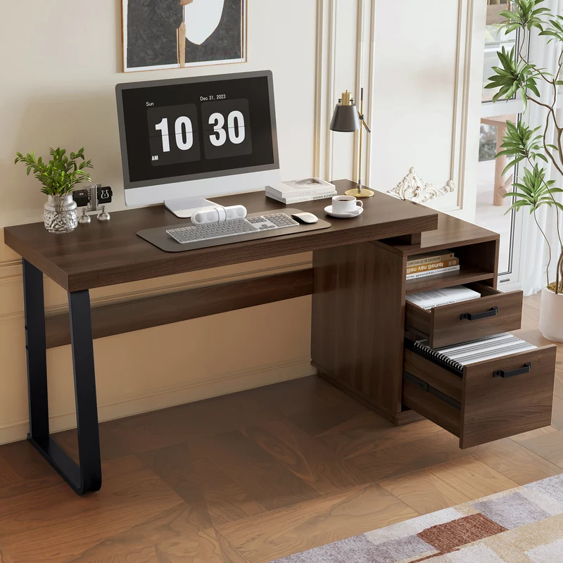 Bureau style industriel effet bois noyer 2 tiroirs 161×54×76.4cm MOMENTUMRIFTA