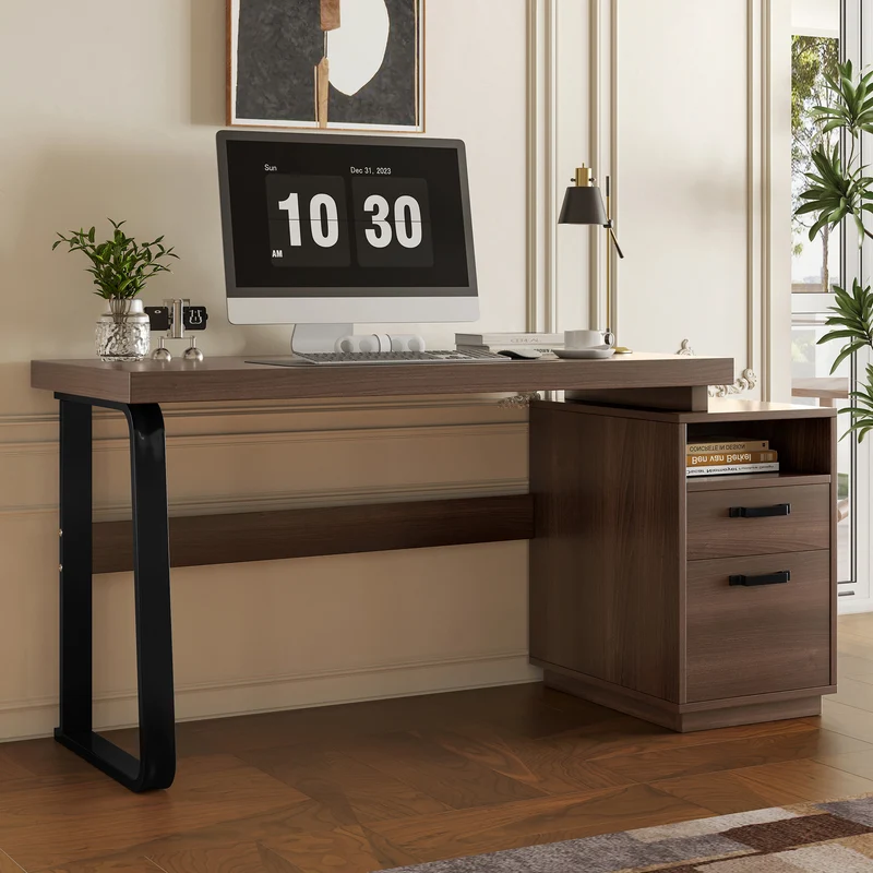 Bureau style industriel effet bois noyer 2 tiroirs 161×54×76.4cm MOMENTUMRIFTA