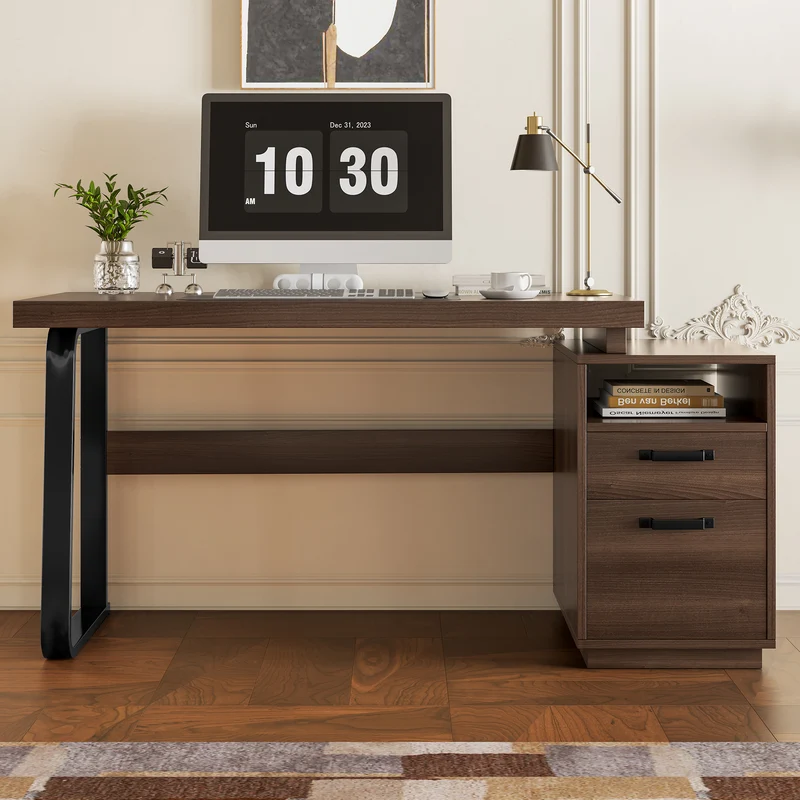Bureau style industriel effet bois noyer 2 tiroirs 161×54×76.4cm MOMENTUMRIFTA