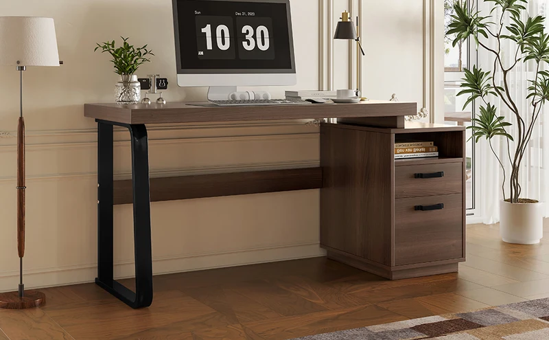 Bureau style industriel effet bois noyer 2 tiroirs 161×54×76.4cm MOMENTUMRIFTA
