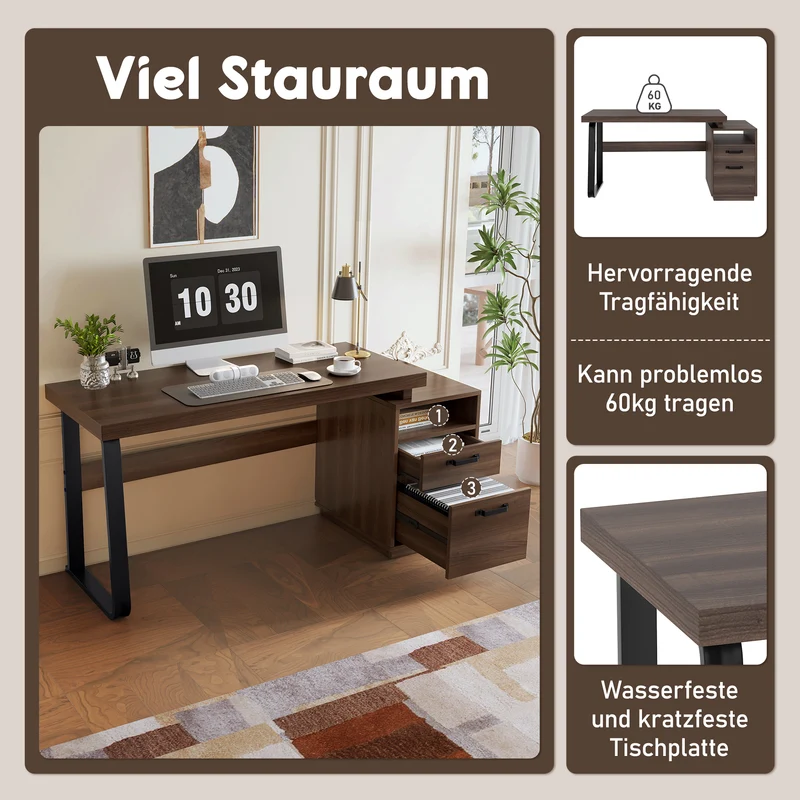 Bureau style industriel effet bois noyer 2 tiroirs 161×54×76.4cm MOMENTUMRIFTA