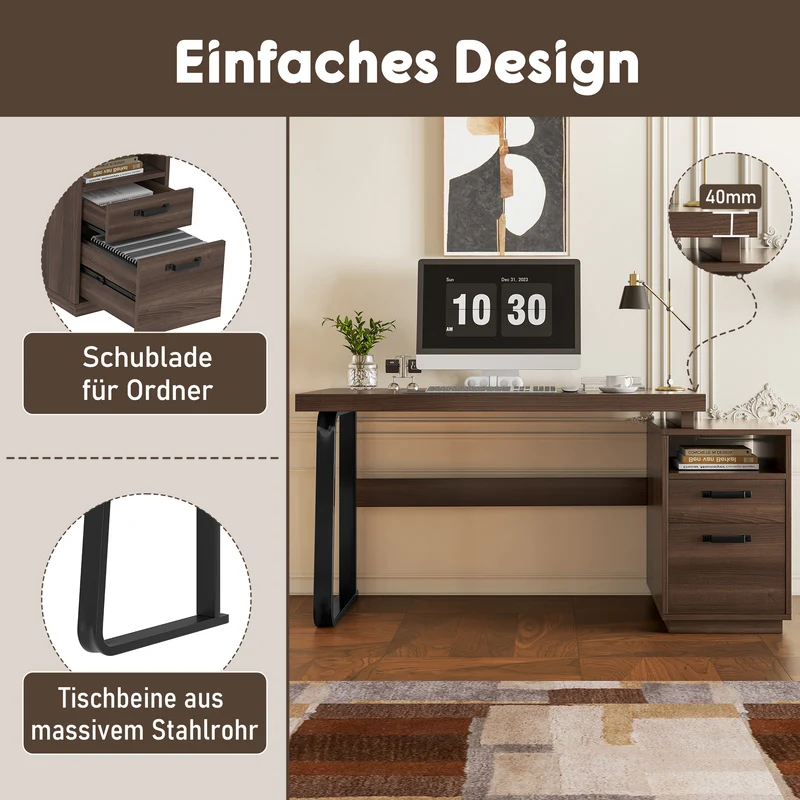 Bureau style industriel effet bois noyer 2 tiroirs 161×54×76.4cm MOMENTUMRIFTA