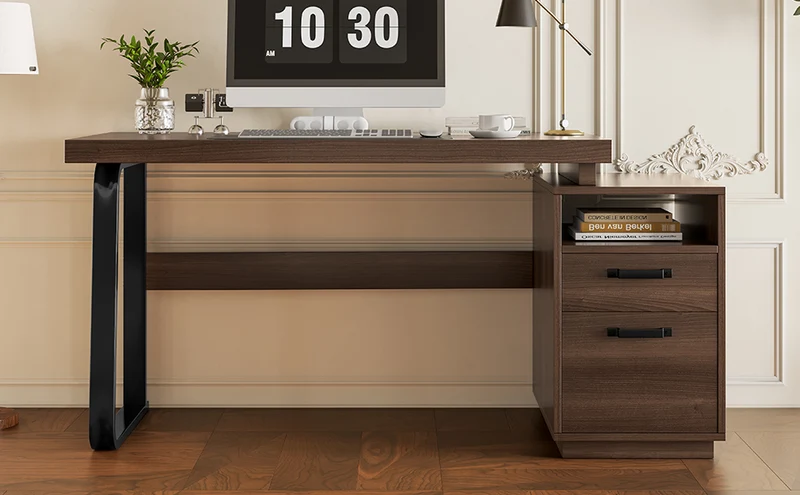 Bureau style industriel effet bois noyer 2 tiroirs 161×54×76.4cm MOMENTUMRIFTA