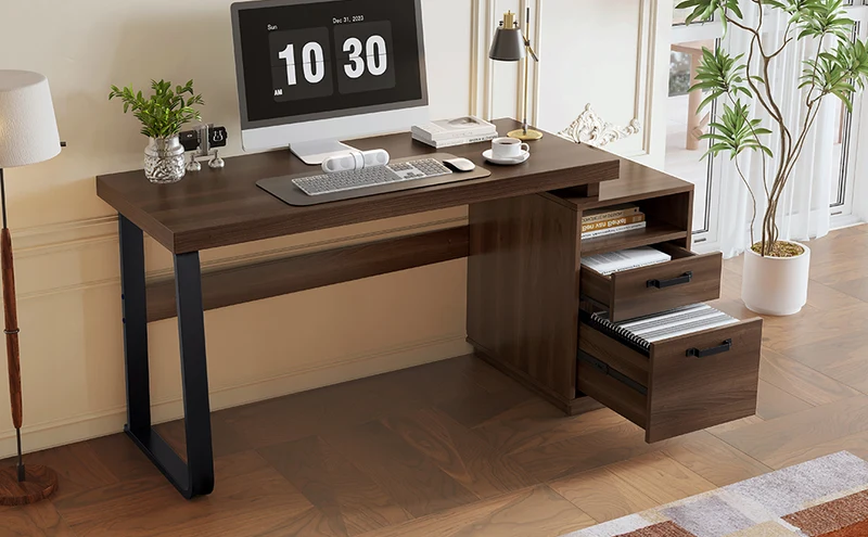 Bureau style industriel effet bois noyer 2 tiroirs 161×54×76.4cm MOMENTUMRIFTA