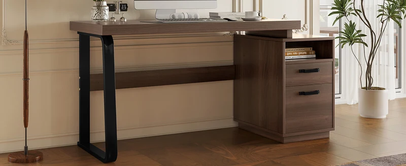 Bureau style industriel effet bois noyer 2 tiroirs 161×54×76.4cm MOMENTUMRIFTA