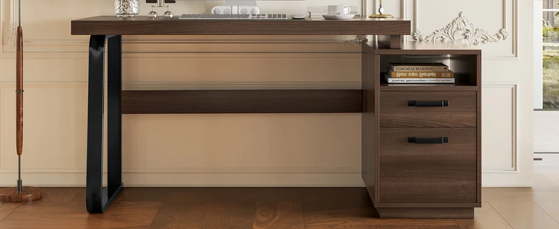 Bureau style industriel effet bois noyer 2 tiroirs 161×54×76.4cm MOMENTUMRIFTA