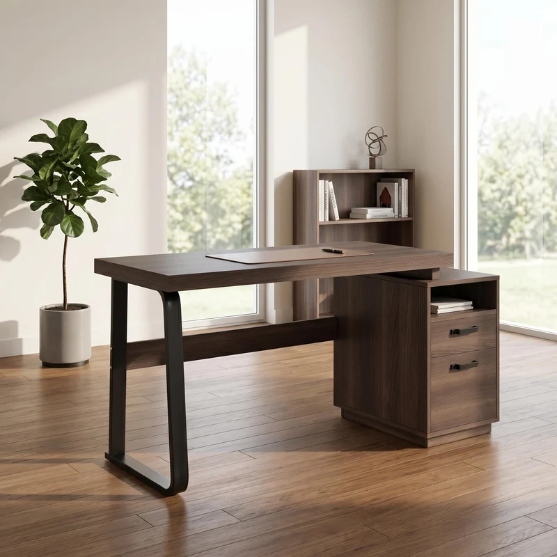 Bureau style industriel effet bois noyer 2 tiroirs 161×54×76.4cm MOMENTUMRIFTA