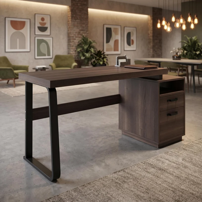 Bureau style industriel effet bois noyer 2 tiroirs 161×54×76.4cm MOMENTUMRIFTA