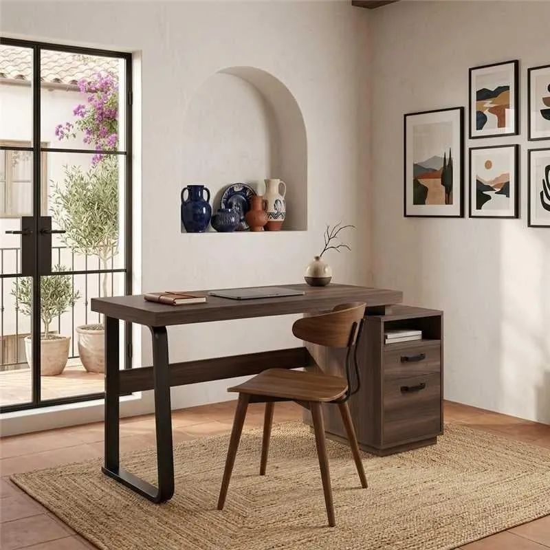 Bureau style industriel effet bois noyer 2 tiroirs 161×54×76.4cm MOMENTUMRIFTA