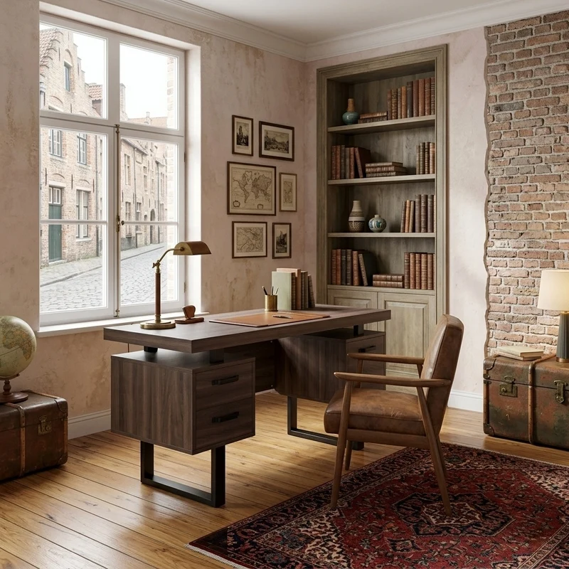 Bureau industriel effet bois noyer avec accents métaliques noirs MOMENTUMCASCD