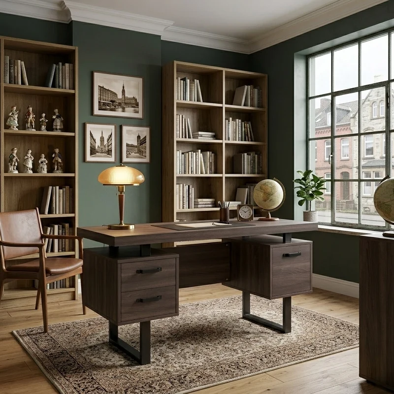 Bureau industriel effet bois noyer avec accents métaliques noirs MOMENTUMCASCD