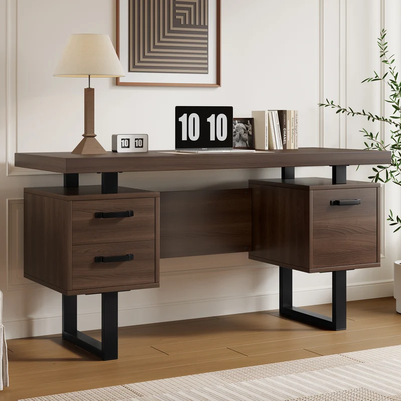 Bureau industriel effet bois noyer avec accents métaliques noirs MOMENTUMCASCD