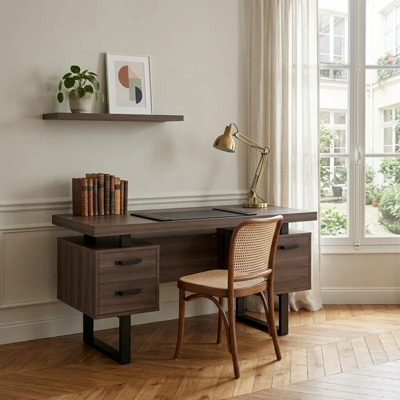 Bureau industriel effet bois noyer avec accents métaliques noirs MOMENTUMCASCD