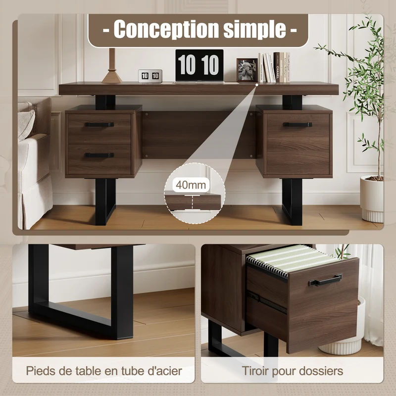 Bureau industriel effet bois noyer avec accents métaliques noirs MOMENTUMCASCD