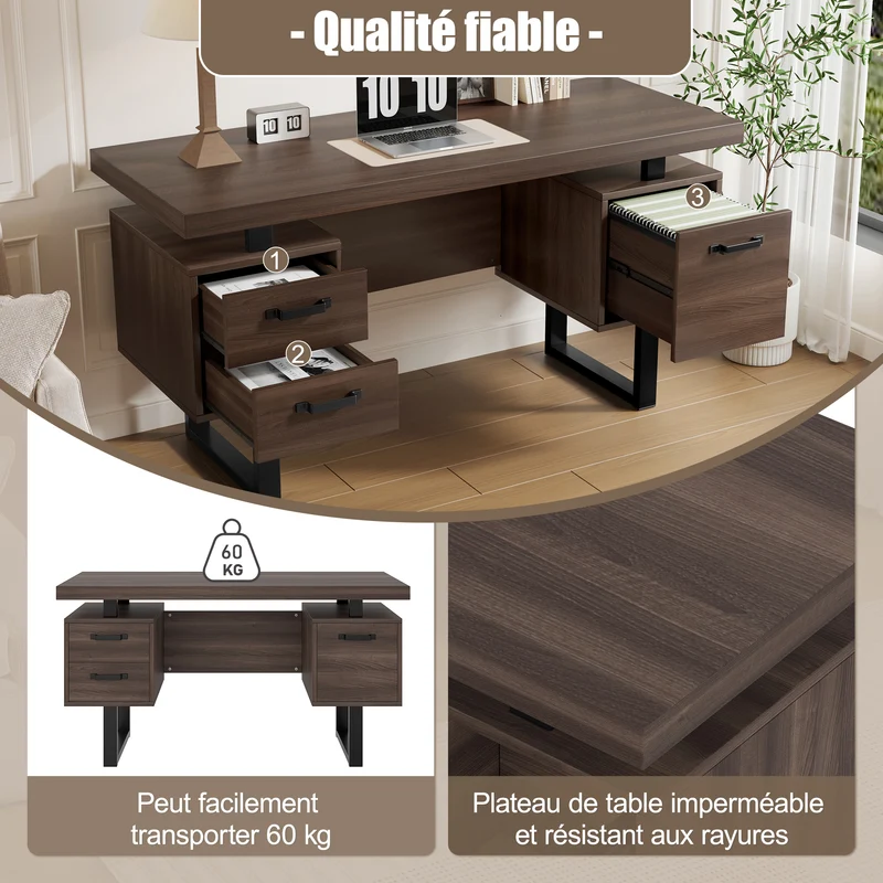Bureau industriel effet bois noyer avec accents métaliques noirs MOMENTUMCASCD