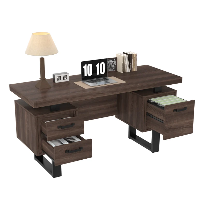 Bureau industriel effet bois noyer avec accents métaliques noirs MOMENTUMCASCD