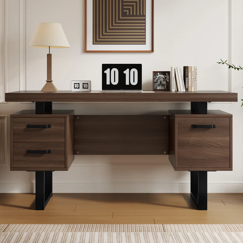 Bureau industriel effet bois noyer avec accents métaliques noirs MOMENTUMCASCD