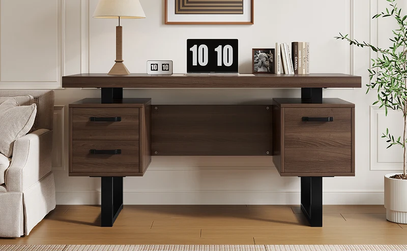 Bureau industriel effet bois noyer avec accents métaliques noirs MOMENTUMCASCD