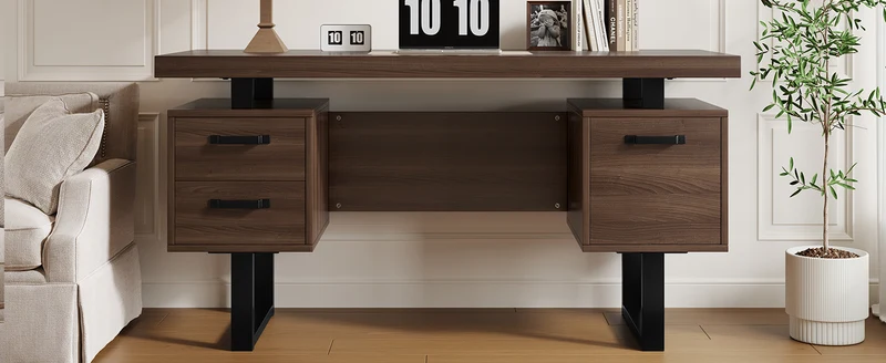 Bureau industriel effet bois noyer avec accents métaliques noirs MOMENTUMCASCD