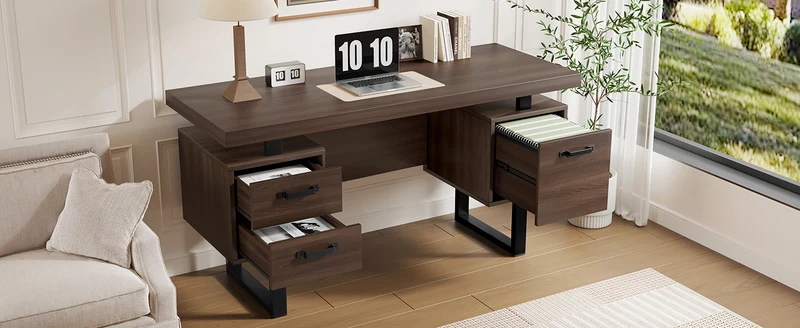 Bureau industriel effet bois noyer avec accents métaliques noirs MOMENTUMCASCD