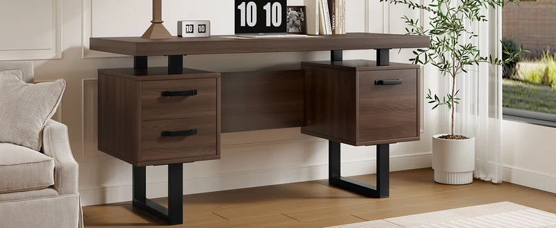 Bureau industriel effet bois noyer avec accents métaliques noirs MOMENTUMCASCD
