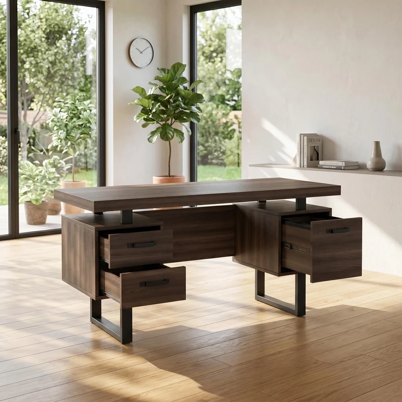 Bureau industriel effet bois noyer avec accents métaliques noirs MOMENTUMCASCD