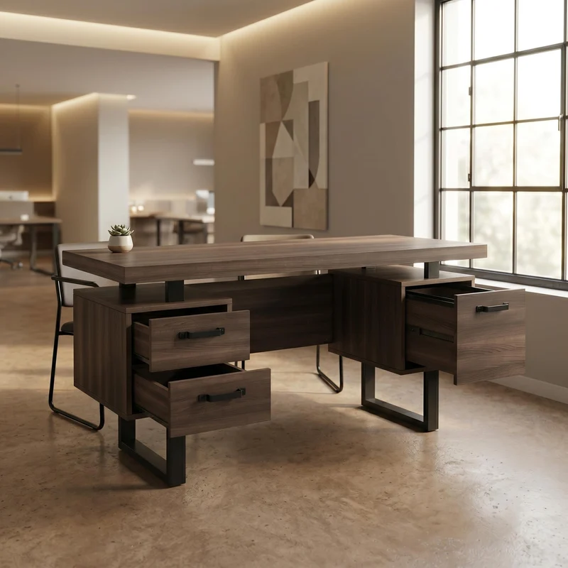 Bureau industriel effet bois noyer avec accents métaliques noirs MOMENTUMCASCD