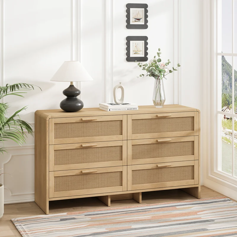 Buffet style naturel en rotin 6 tiroirs 130x40x74cm MOMENTUMMERIDIA
